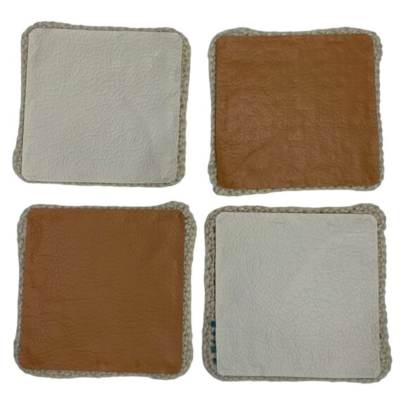 Mug Rugs Coasters Handmade Crochet Square Beige Tan Teal Vinyl Back Set of 4 - Picture 9 of 11